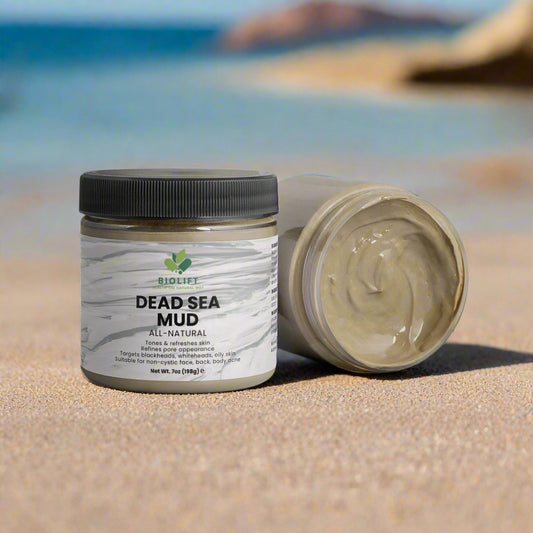 Jar of Dead Sea Mud with a swatch on a white background